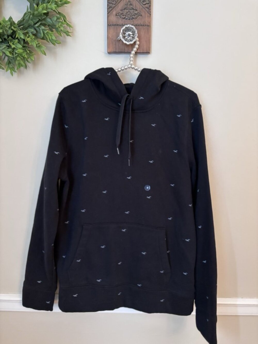 NWT Hollister Mens Size Medium Black Hooded Sweatshirt Bird Print